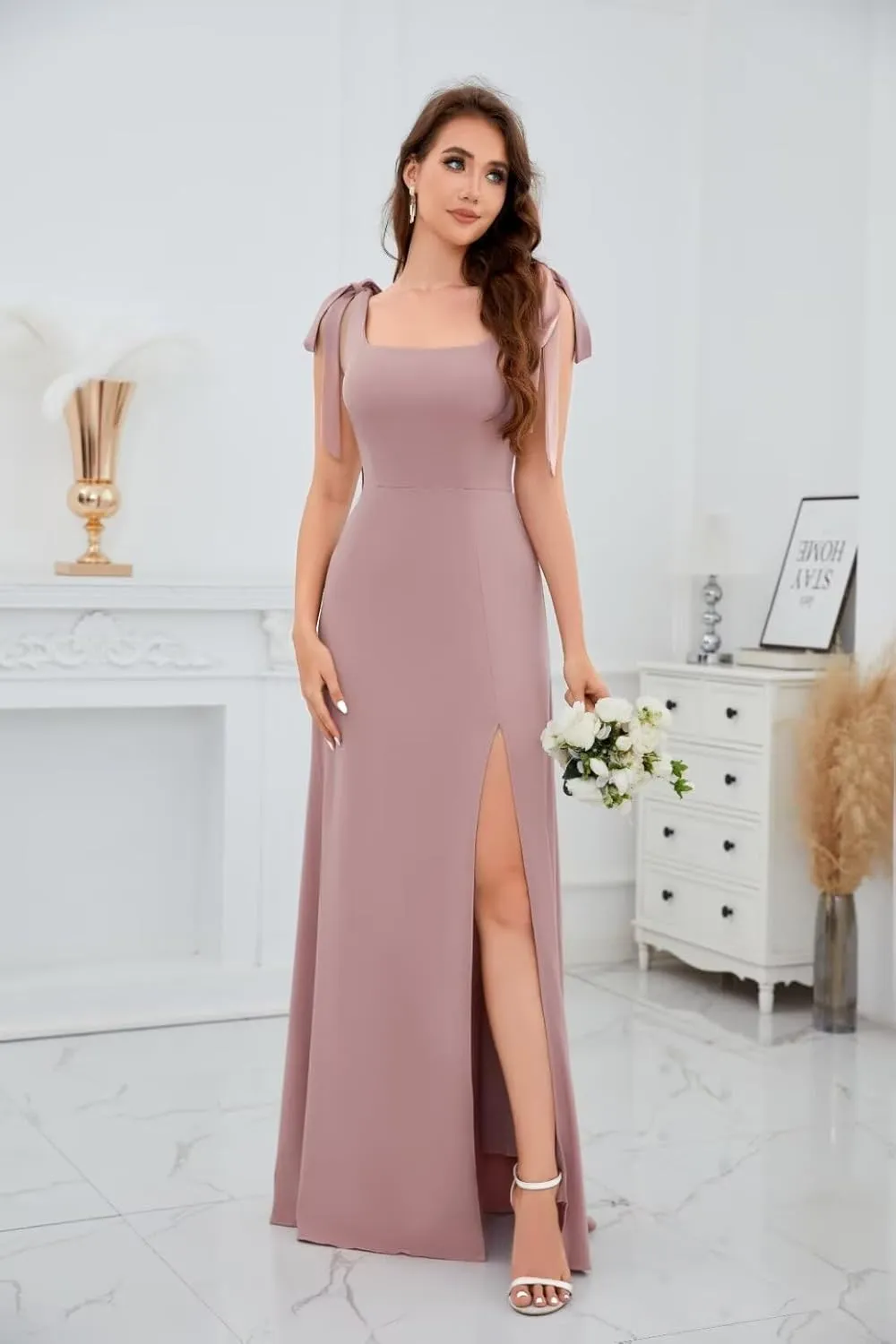 BOLENSYE Chiffon Bridesmaid Dresses for Wedding Long Spaghetti Strap Formal Evening Party Gown with Slit
