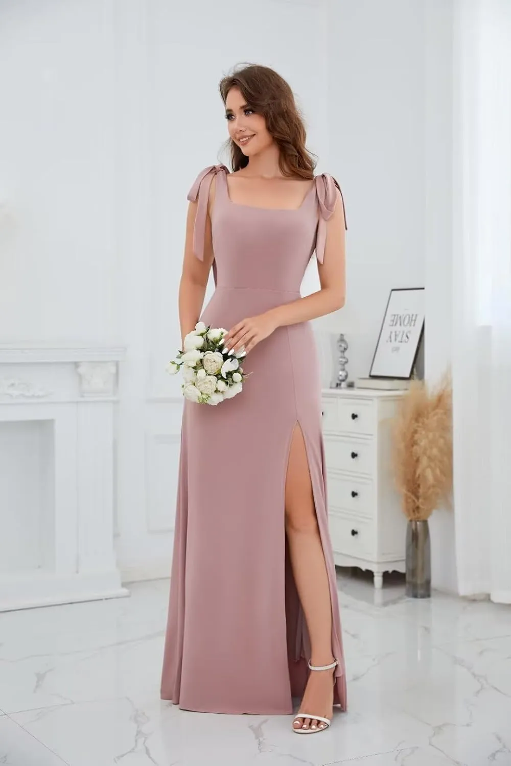 BOLENSYE Chiffon Bridesmaid Dresses for Wedding Long Spaghetti Strap Formal Evening Party Gown with Slit