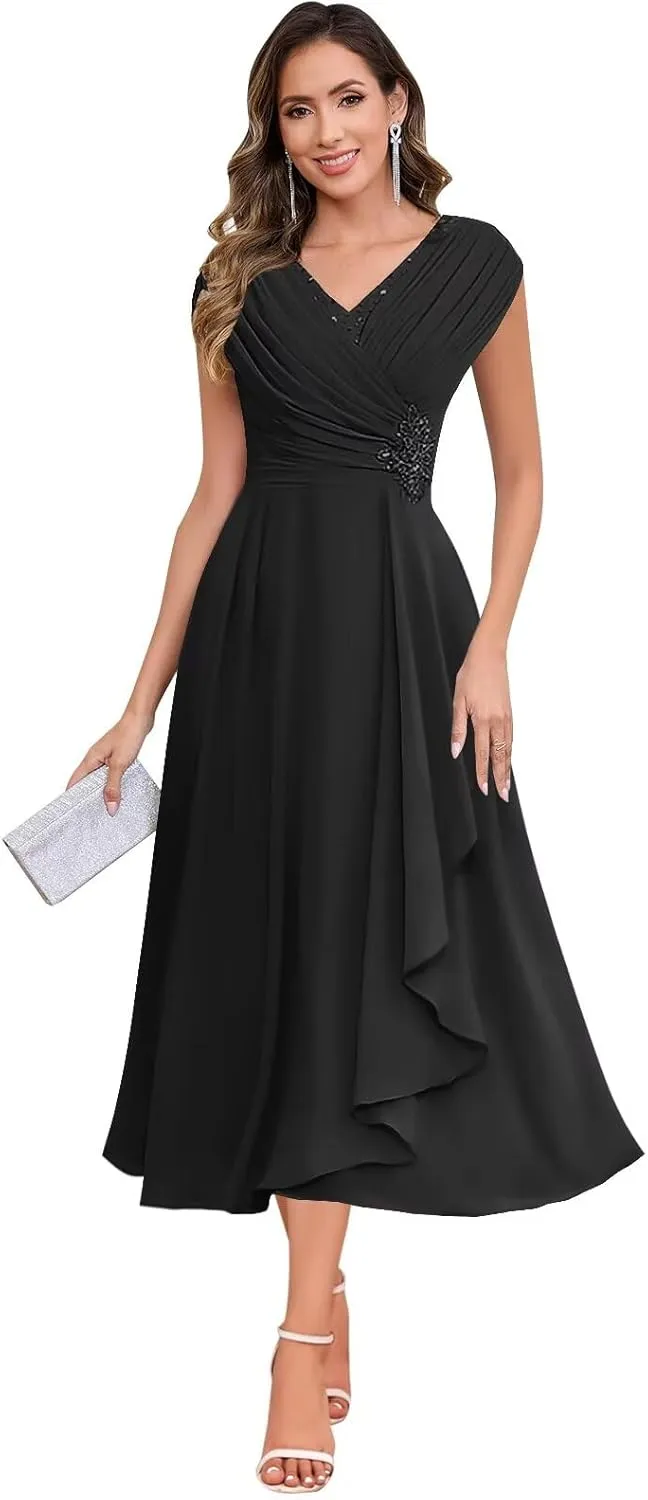 BOLENSYE Mother of The Bride Dresses for Wedding Cap Sleeve Lace Chiffon Mother of The Groom Formal Dress for Women