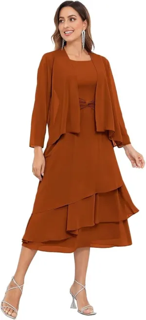 BOLENSYE Women's 2 Pieces Mother of The Bride Dresses for Wedding with Jacket Tea Length Formal Evening Party Gown