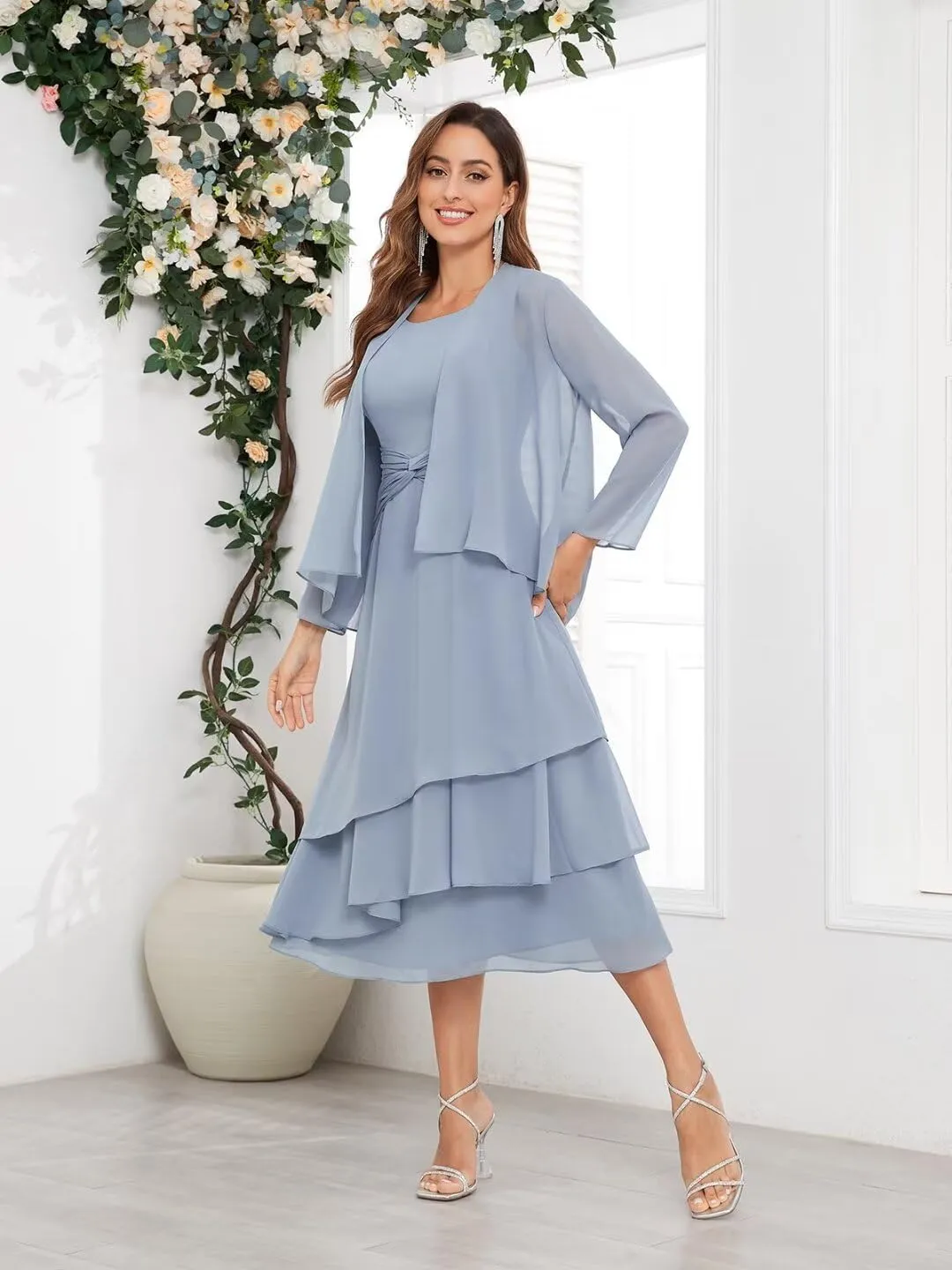 BOLENSYE Women's 2 Pieces Mother of The Bride Dresses for Wedding with Jacket Tea Length Formal Evening Party Gown