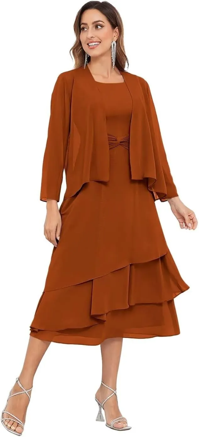 BOLENSYE Women's 2 Pieces Mother of The Bride Dresses for Wedding with Jacket Tea Length Formal Evening Party Gown