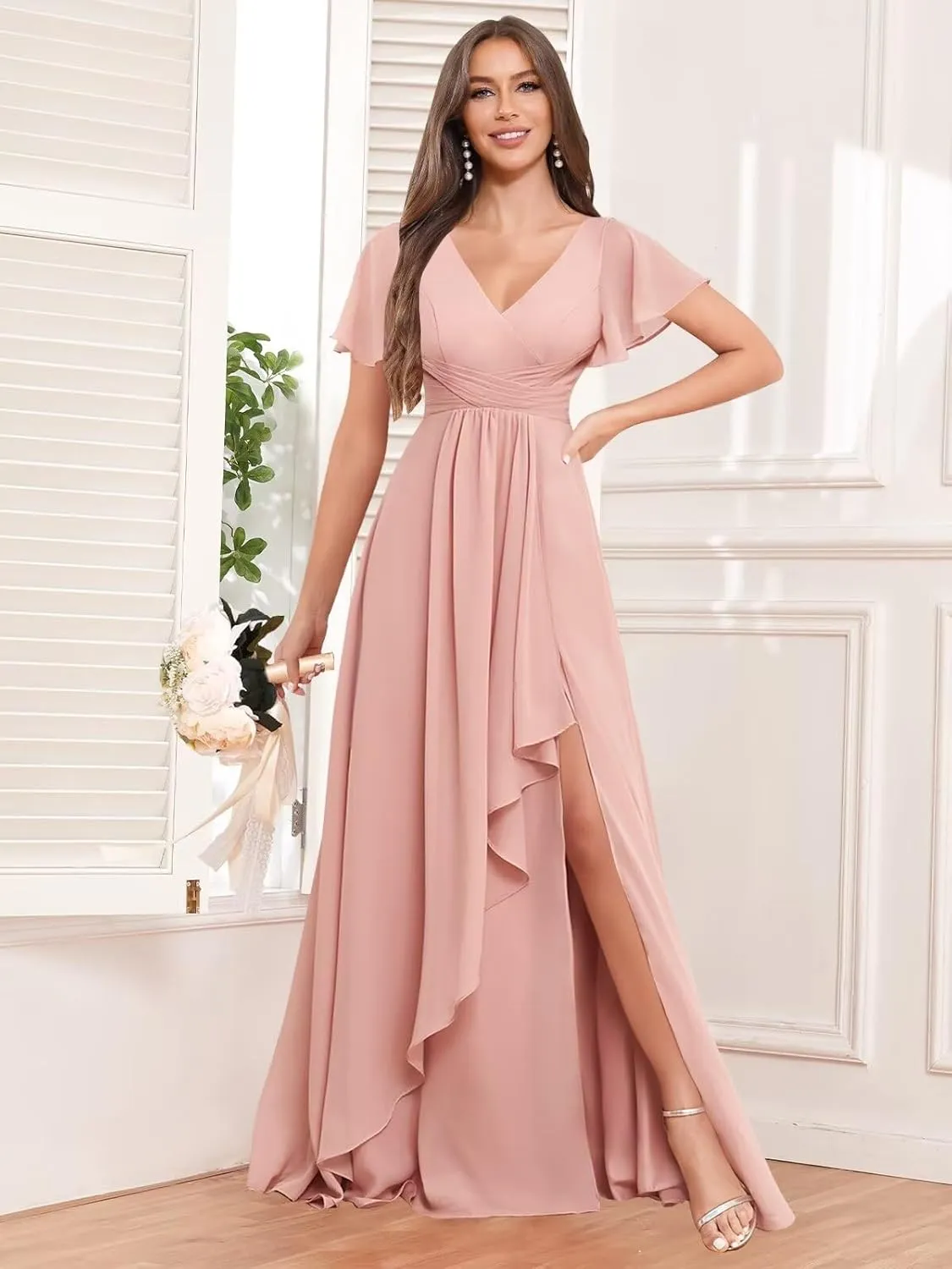 BOLENSYE Women's V Neck Bridesmaid Dresses with Slit Ruffle Sleeve A Line Chiffon Formal Evening Party Gown