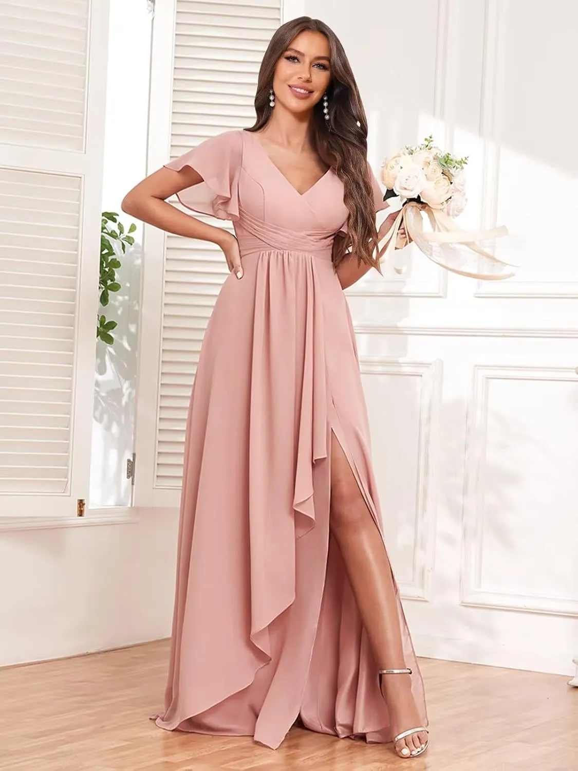 BOLENSYE Women's V Neck Bridesmaid Dresses with Slit Ruffle Sleeve A Line Chiffon Formal Evening Party Gown