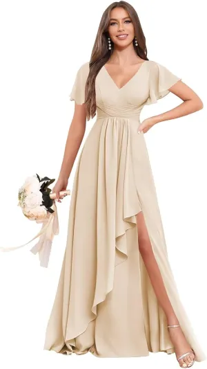 BOLENSYE Women's V Neck Bridesmaid Dresses with Slit Ruffle Sleeve A Line Chiffon Formal Evening Party Gown