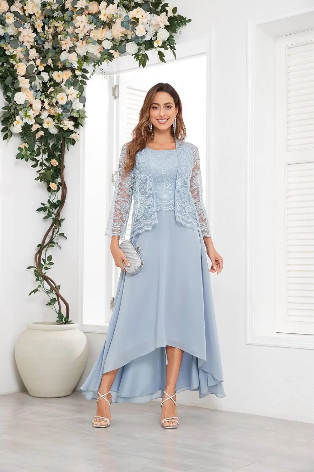 BONOYUER 2 Piece Tea Length Mother of The Bride Dresses for Wedding 3/4 Sleeve Formal Dress with Jacket