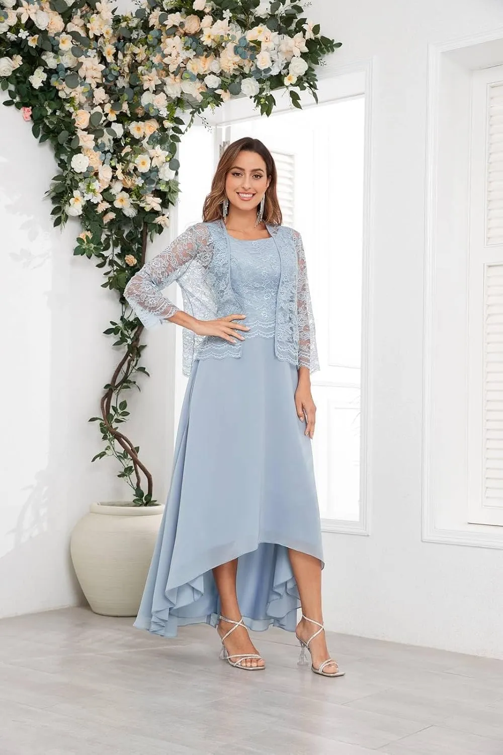 BONOYUER 2 Piece Tea Length Mother of The Bride Dresses for Wedding 3/4 Sleeve Formal Dress with Jacket