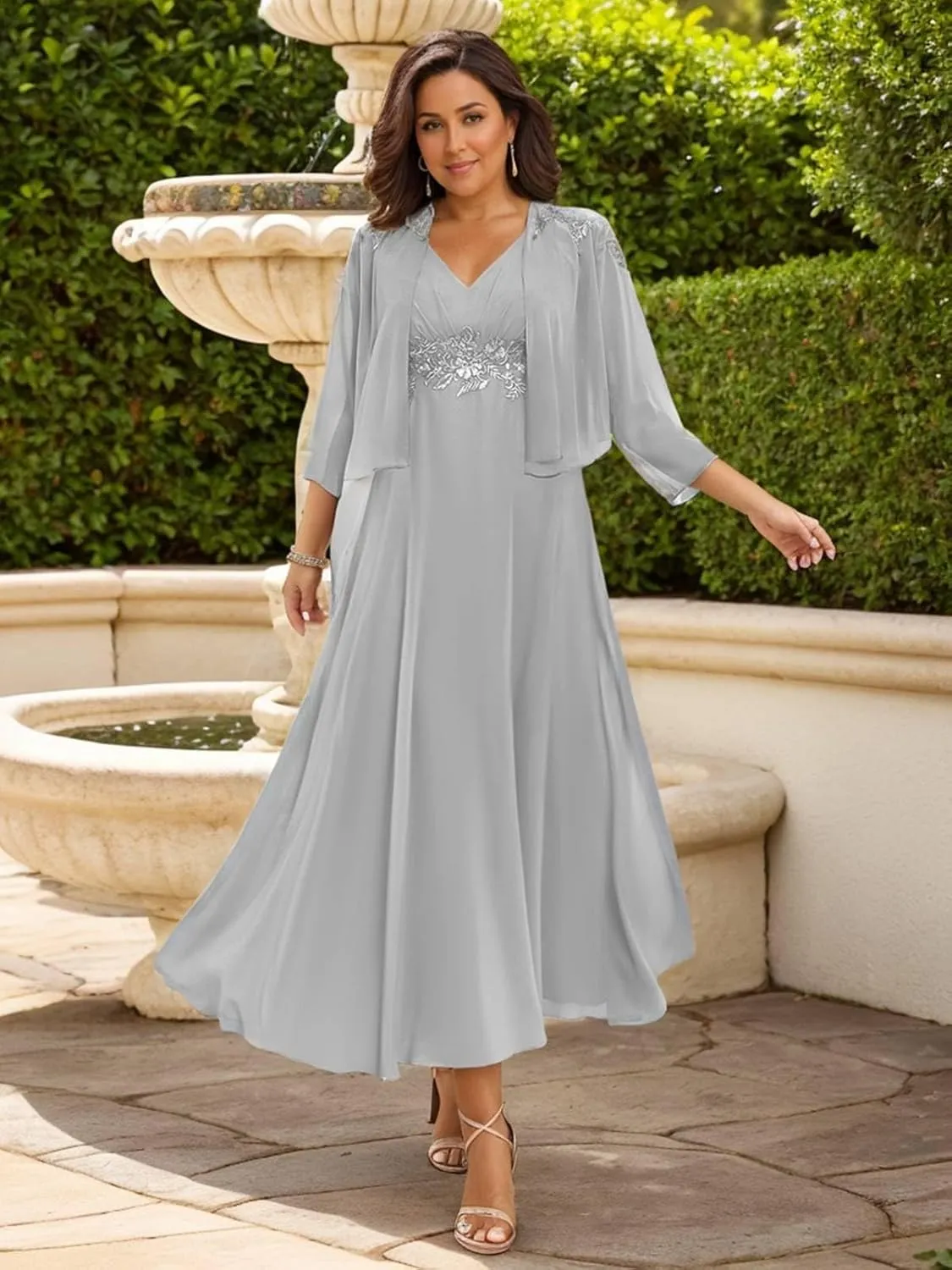BONOYUER 2 Pieces Mother of The Groom Dress for Women with Sleeves Lace Applique Formal Wedding Guest Dress