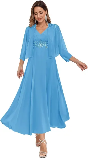 BONOYUER 2 Pieces Mother of The Groom Dress for Women with Sleeves Lace Applique Formal Wedding Guest Dress