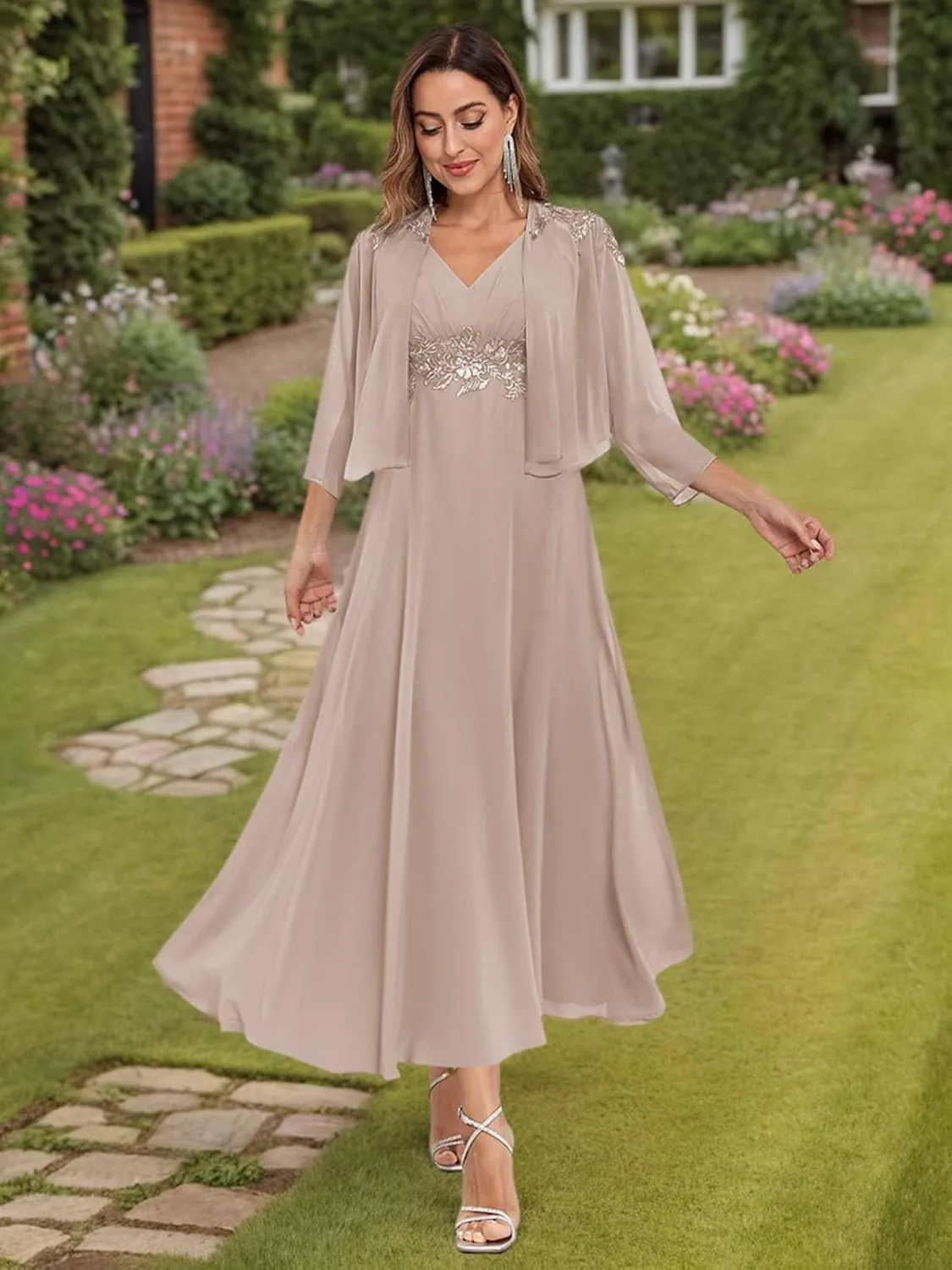 BONOYUER 2 Pieces Mother of The Groom Dress for Women with Sleeves Lace Applique Formal Wedding Guest Dress