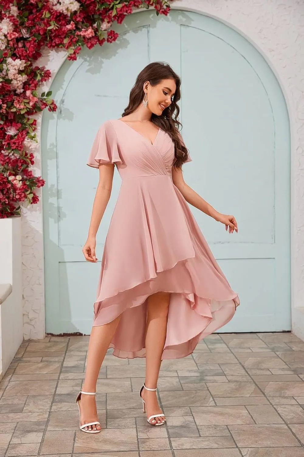 BONOYUER High Low Chiffon Bridesmaid Dresses with Sleeves A Line Tea Length Formal Evening Dress for Wedding