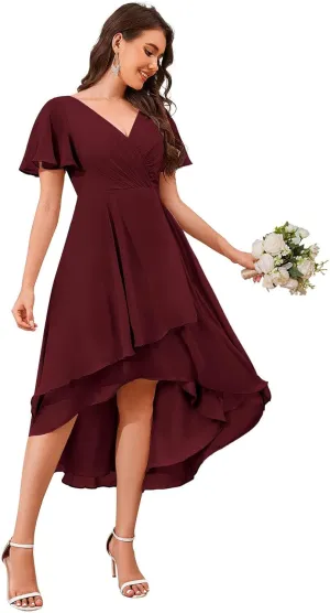 BONOYUER High Low Chiffon Bridesmaid Dresses with Sleeves A Line Tea Length Formal Evening Dress for Wedding