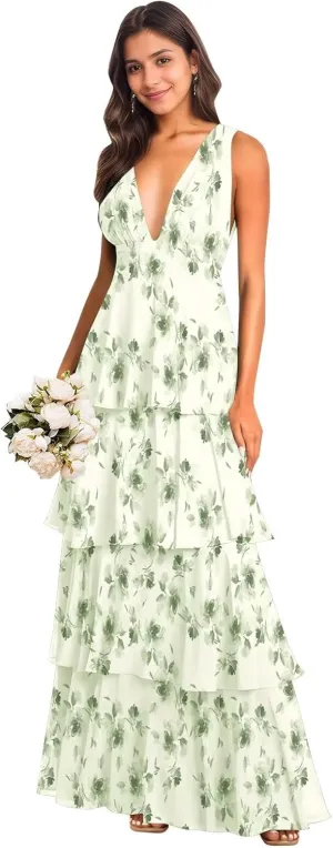 BONOYUER Tiered Ruffles Bridesmaid Dresses Long for Wedding A Line V Neck Chiffon Formal Evening Dress