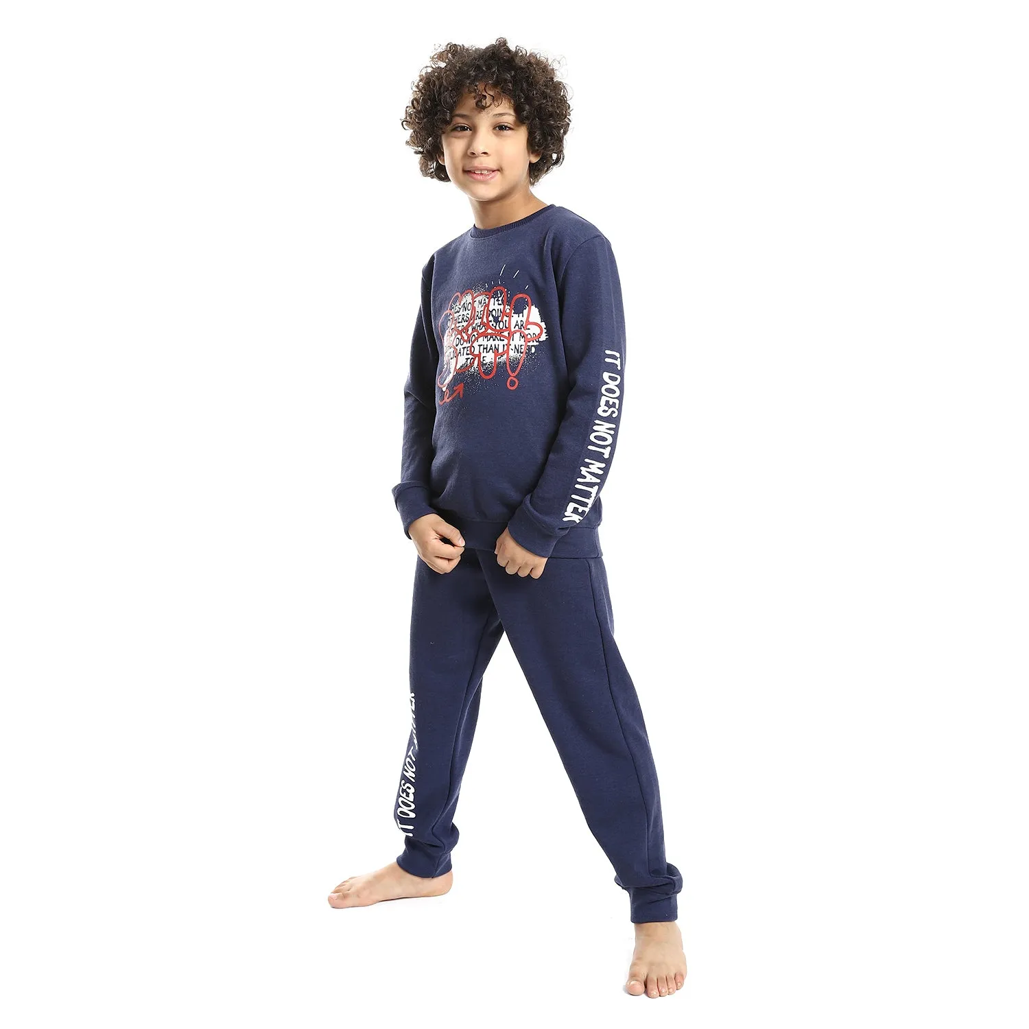 Boys' Winter Pajama Set - Cozy Printed Crew Neck Shirt and Navy Blue Pants - White