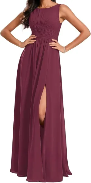 Bridesmaid Dresses Round Neck with Slit Long for Women A Line Ruched Formal Chiffon Evening Gowns