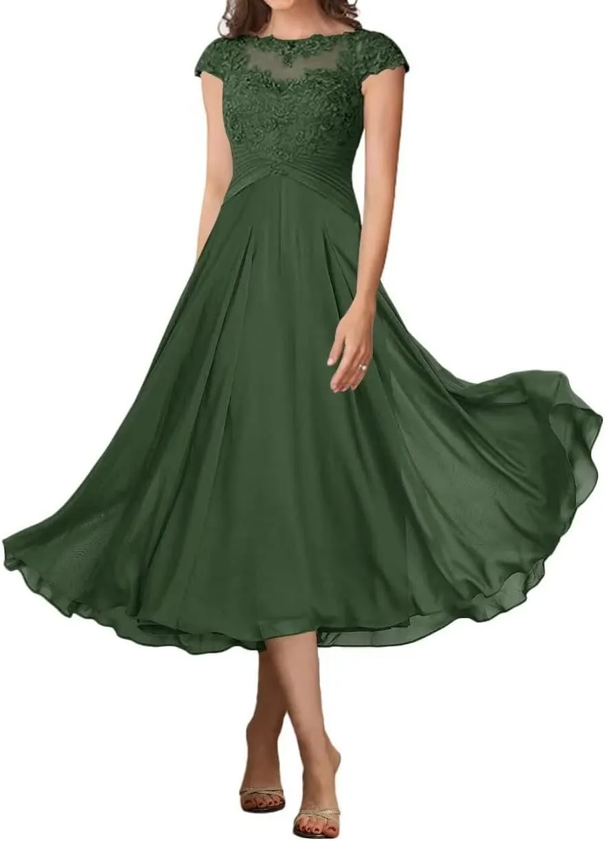 Cap Sleeve Mother of The Bride Dresses for Wedding Tea Length A-Line Lace Formal Dresses for Women 2025