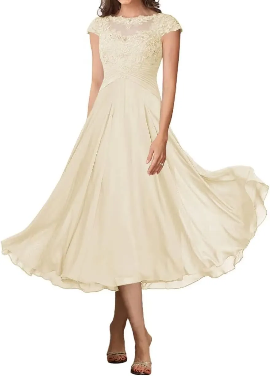 Cap Sleeve Mother of The Bride Dresses for Wedding Tea Length A-Line Lace Formal Dresses for Women 2025