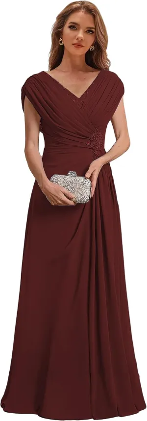 Cap Sleeve Mother of The Bride Dresses for Wedding V Neck Evening Gowns for Women Formal
