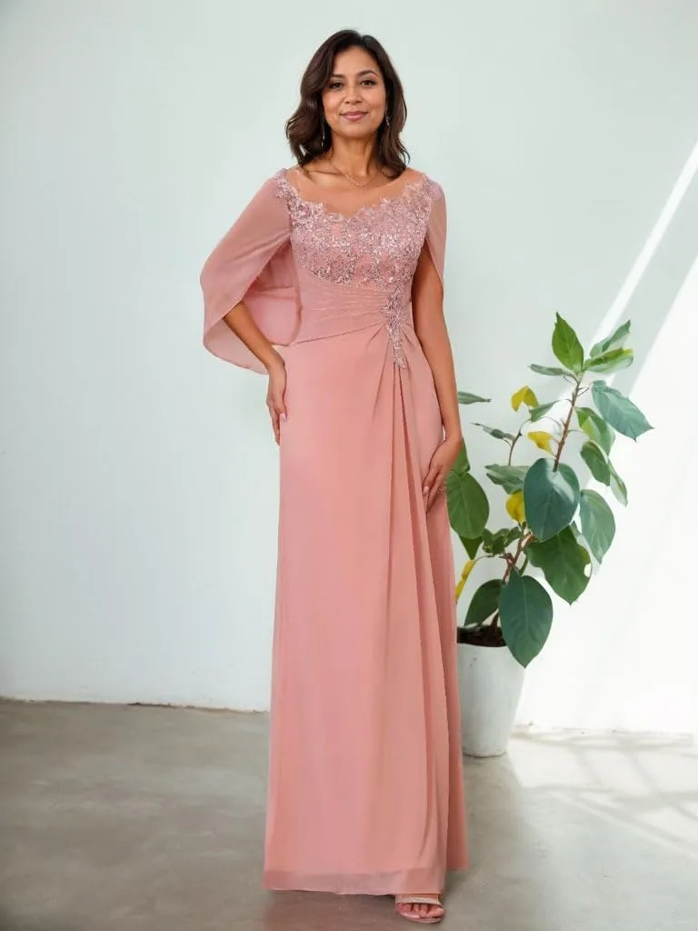 Cape Scoop Neck Mother of The Bride Dresses for Women Lace Appliques Chiffon Formal Evening Gown with Fake Sleeves