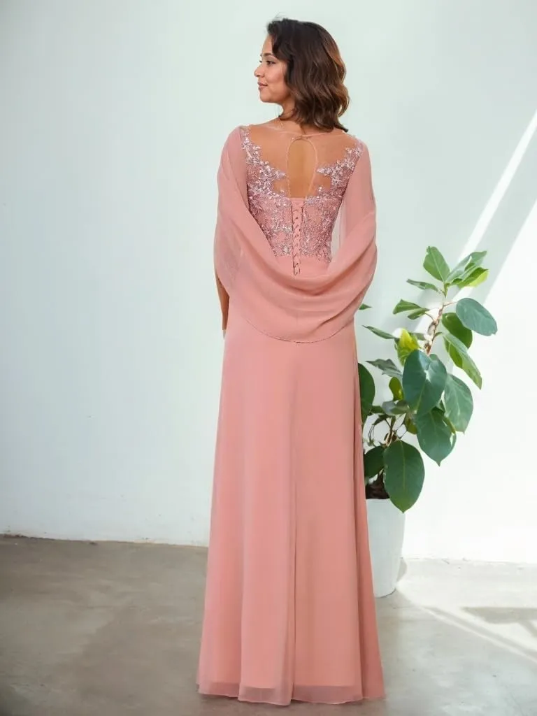 Cape Scoop Neck Mother of The Bride Dresses for Women Lace Appliques Chiffon Formal Evening Gown with Fake Sleeves