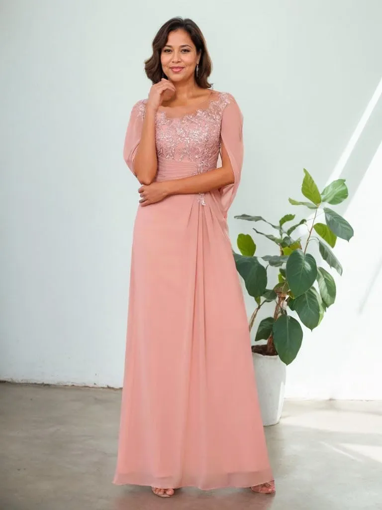Cape Scoop Neck Mother of The Bride Dresses for Women Lace Appliques Chiffon Formal Evening Gown with Fake Sleeves