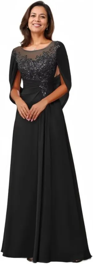 Cape Scoop Neck Mother of The Bride Dresses for Women Lace Appliques Chiffon Formal Evening Gown with Fake Sleeves