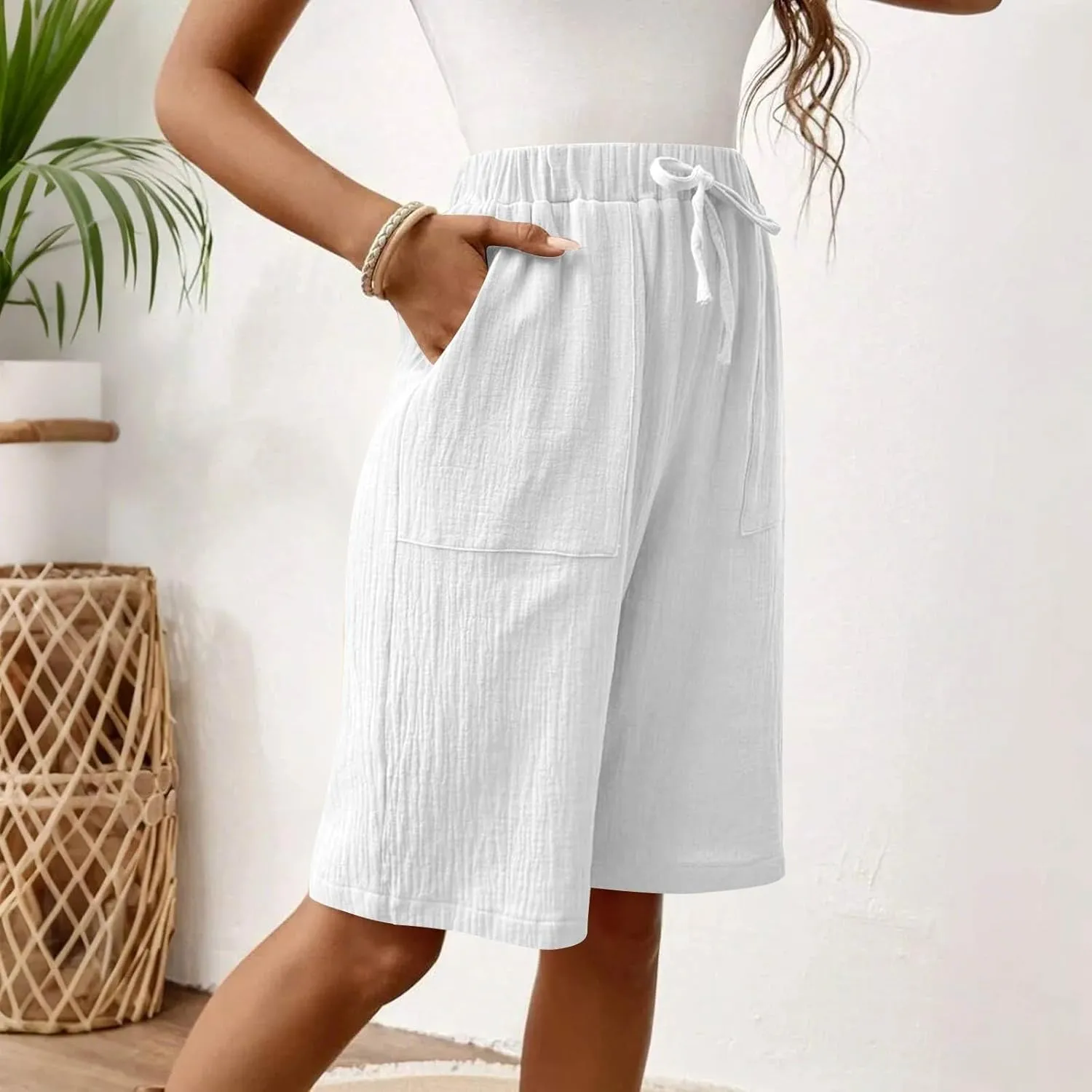 Capri Pants for Women Casual Summer Drawstring Elastic Waist Linen Pant Straight Wide Leg Pocket Cropped Trouser