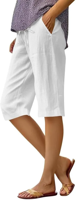Capri Pants for Women Casual Summer Drawstring Elastic Waist Linen Pant Straight Wide Leg Pocket Cropped Trouser
