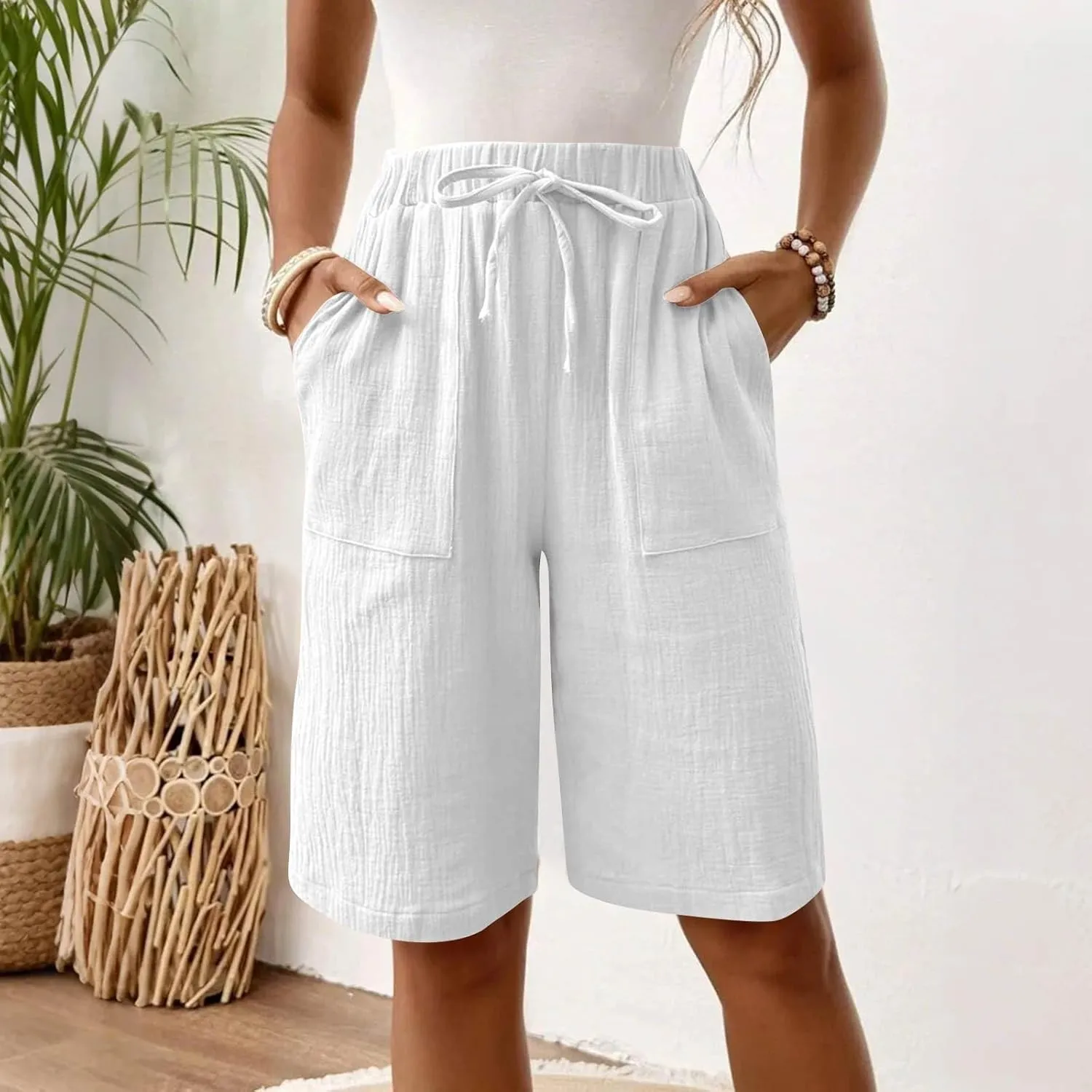 Capri Pants for Women Casual Summer Drawstring Elastic Waist Linen Pant Straight Wide Leg Pocket Cropped Trouser