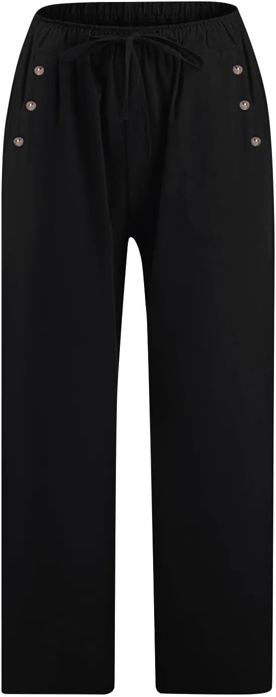 Capri Pants for Women Casual Summer Wide Leg Linen Pants Drawstring Elastic High Waist Palazzo Comfy Cropped Trousers