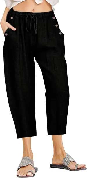 Capri Pants for Women Casual Summer Wide Leg Linen Pants Drawstring Elastic High Waist Palazzo Comfy Cropped Trousers