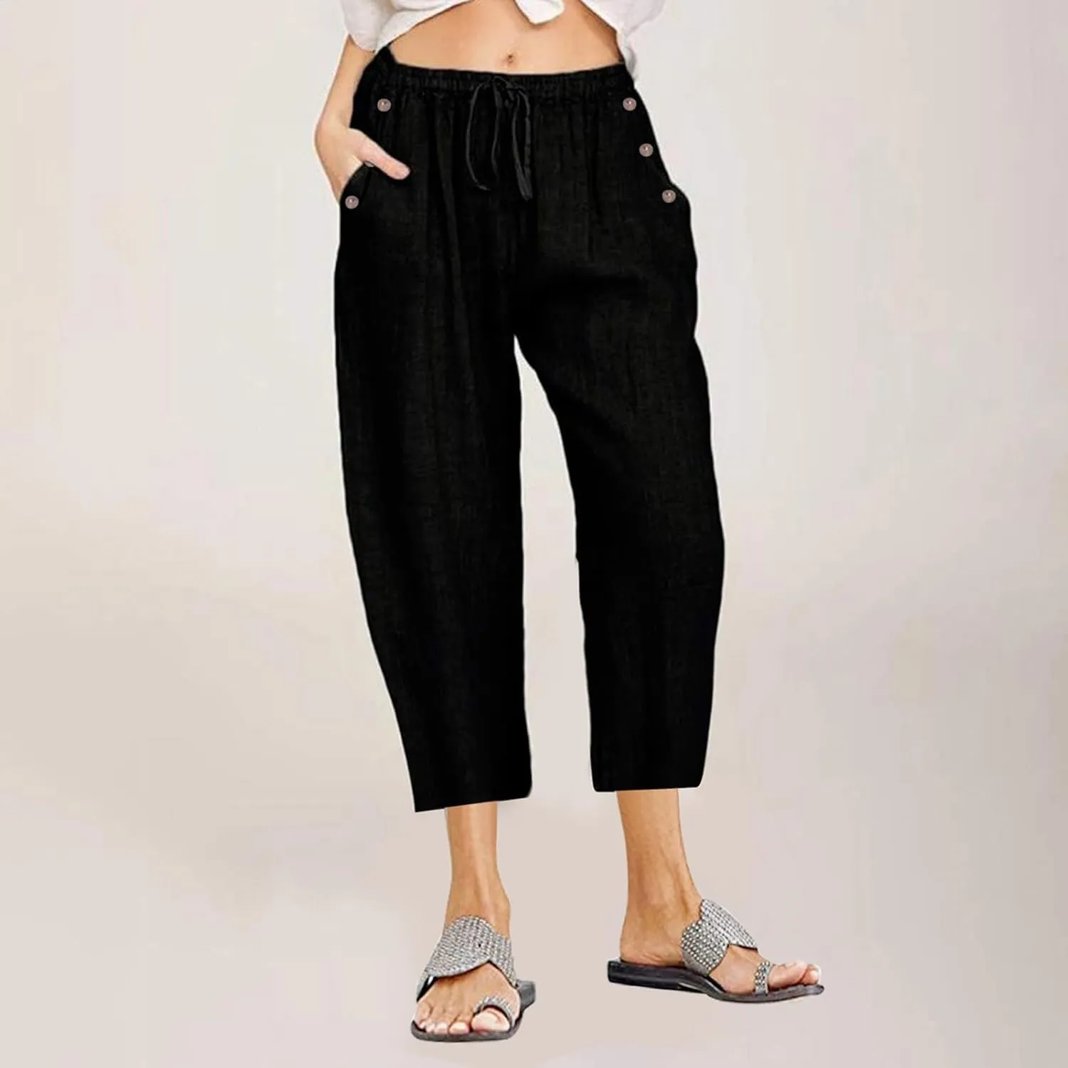 Capri Pants for Women Casual Summer Wide Leg Linen Pants Drawstring Elastic High Waist Palazzo Comfy Cropped Trousers