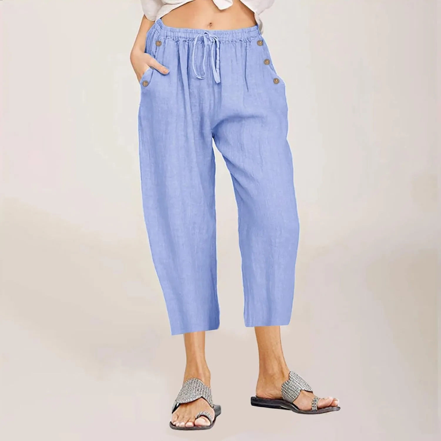 Capri Pants for Women Casual Summer Wide Leg Linen Pants Drawstring Elastic High Waist Palazzo Comfy Cropped Trousers