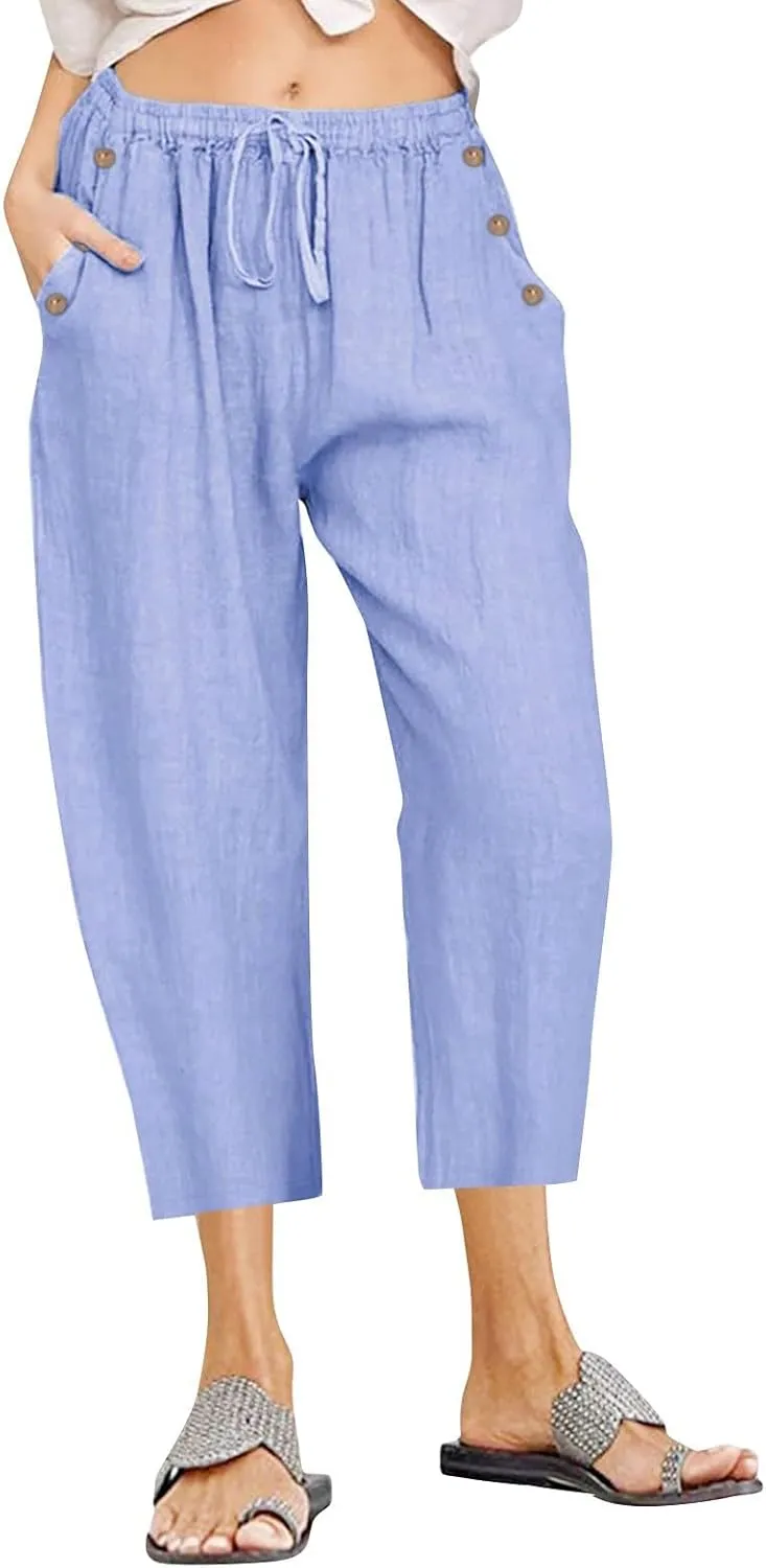 Capri Pants for Women Casual Summer Wide Leg Linen Pants Drawstring Elastic High Waist Palazzo Comfy Cropped Trousers