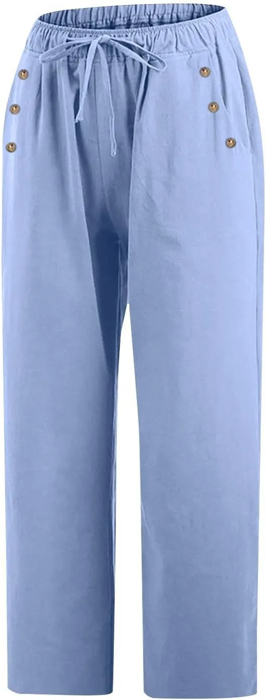 Capri Pants for Women Casual Summer Wide Leg Linen Pants Drawstring Elastic High Waist Palazzo Comfy Cropped Trousers