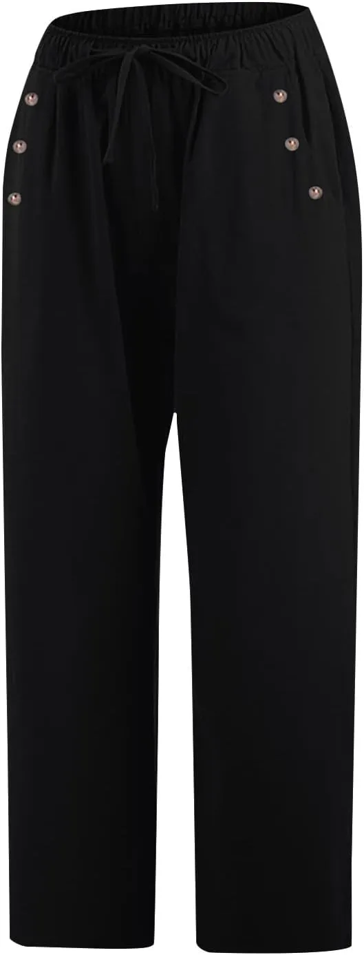 Capri Pants for Women Casual Summer Wide Leg Linen Pants Drawstring Elastic High Waist Palazzo Comfy Cropped Trousers