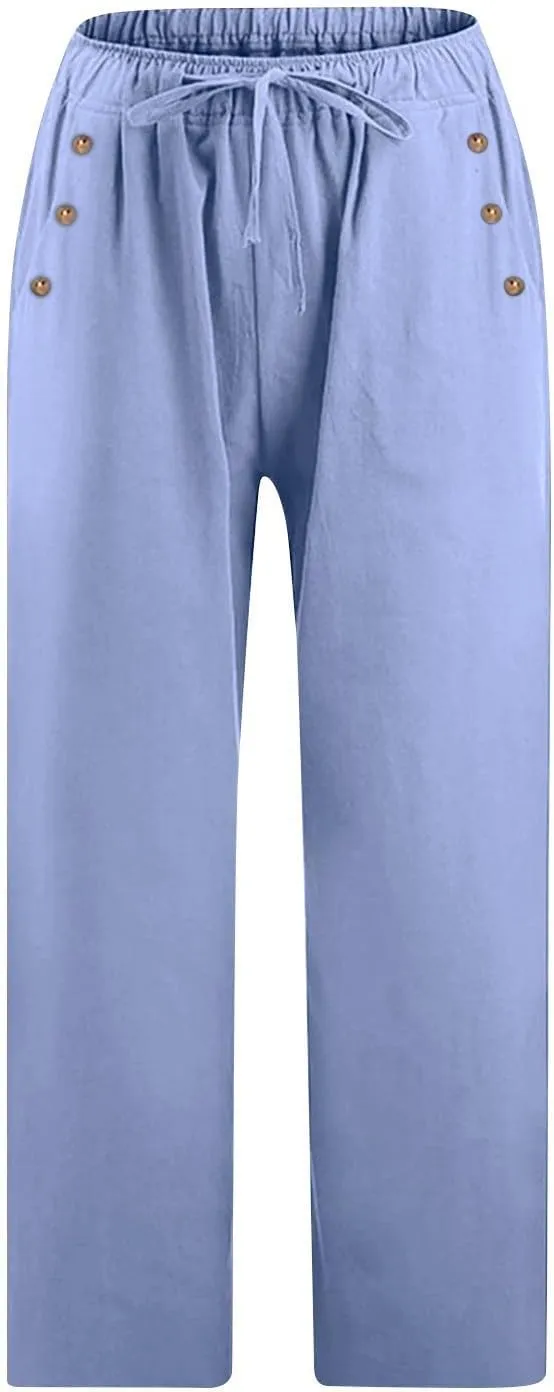 Capri Pants for Women Casual Summer Wide Leg Linen Pants Drawstring Elastic High Waist Palazzo Comfy Cropped Trousers