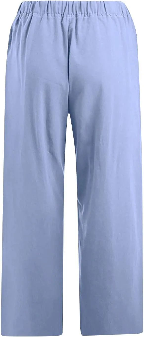 Capri Pants for Women Casual Summer Wide Leg Linen Pants Drawstring Elastic High Waist Palazzo Comfy Cropped Trousers