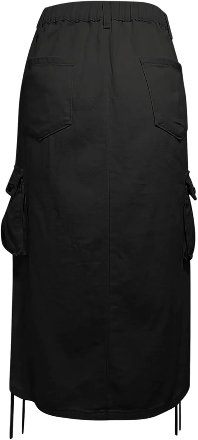 Cargo Skirts for Women High Waisted Casual A Line Side Drawstring Y2K Midi Long Skirt with Pockets Trendy Outfits