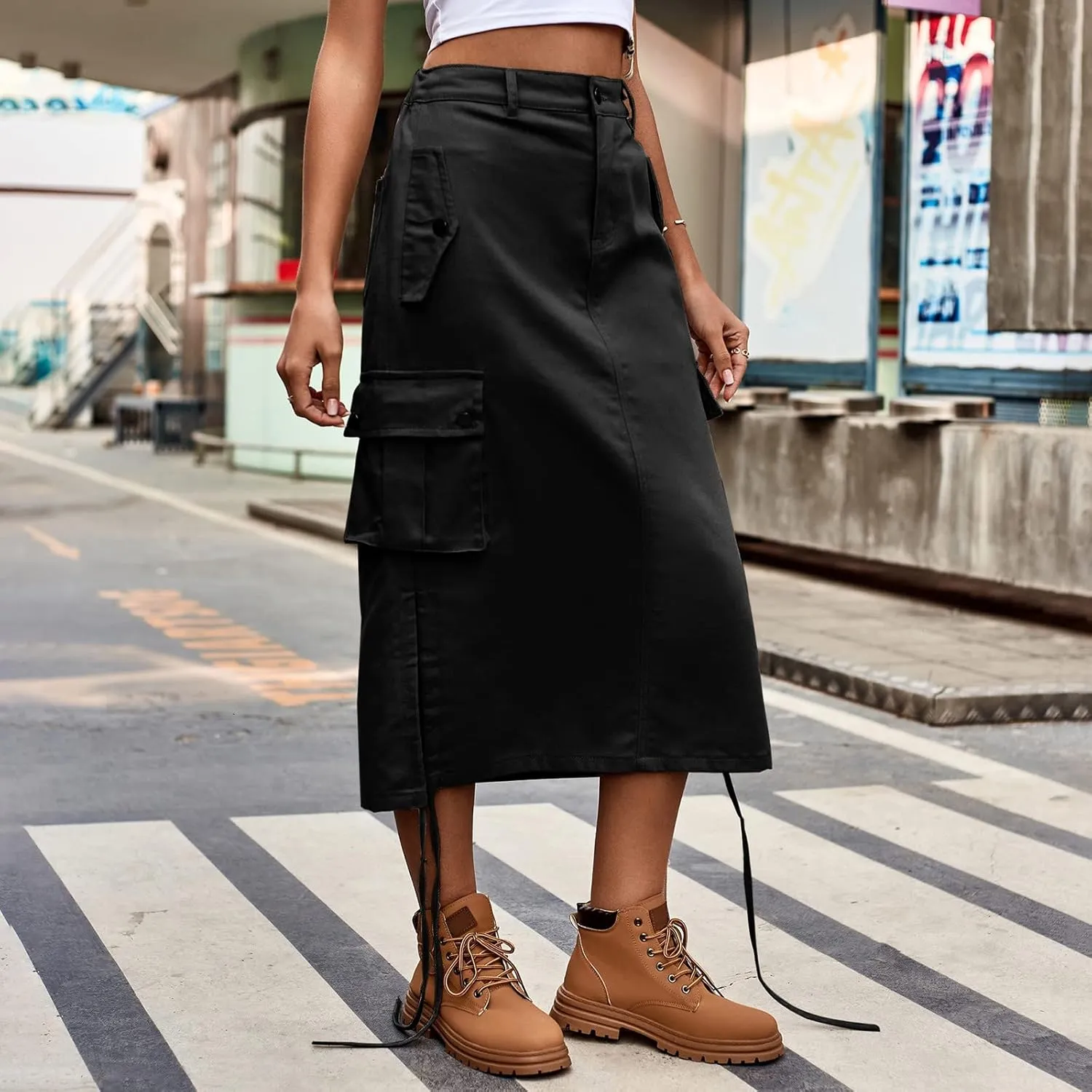Cargo Skirts for Women High Waisted Casual A Line Side Drawstring Y2K Midi Long Skirt with Pockets Trendy Outfits