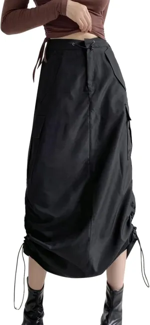 Cargo Skirts for Women Long Cargo Skirts for Women Maxi Skirt Drawstring Ruched Streetwear with Pockets Black