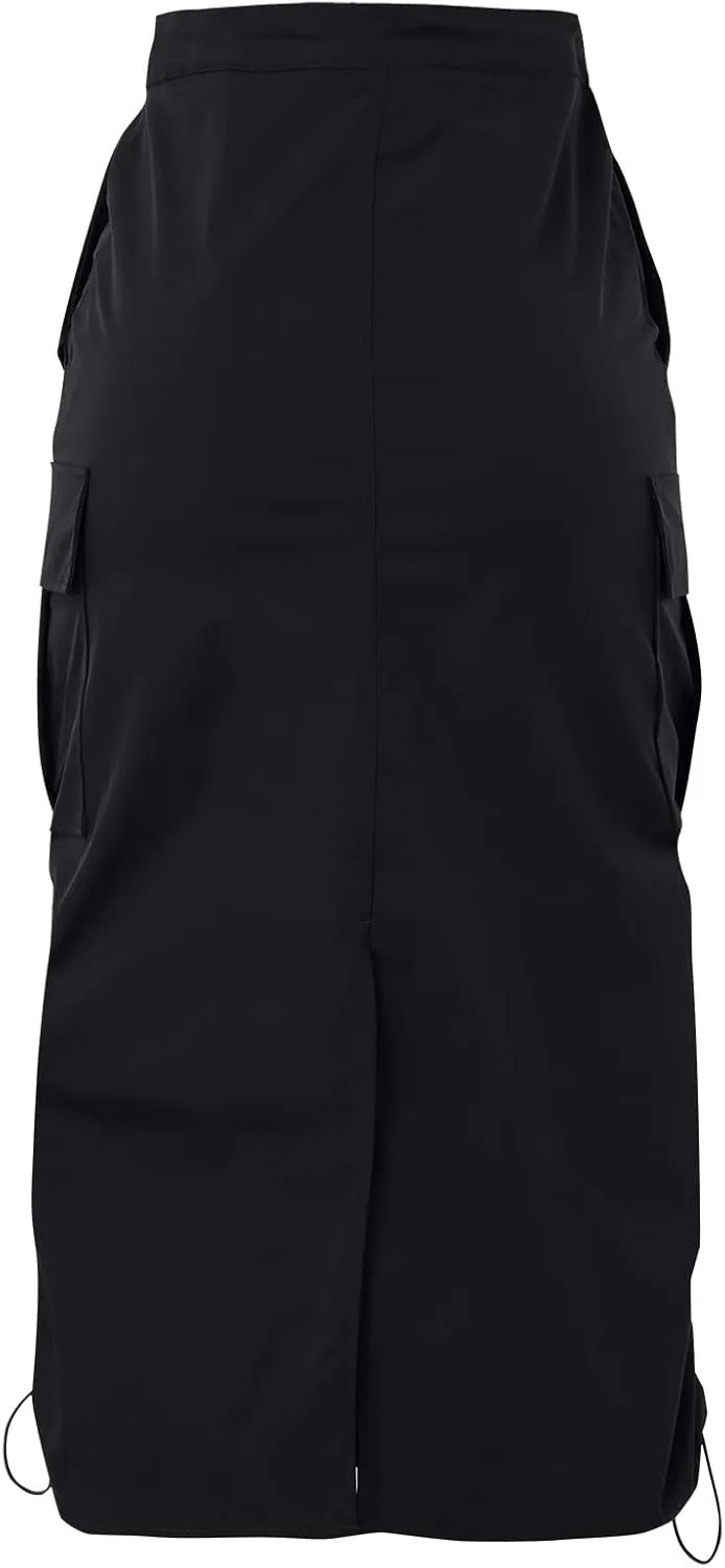 Cargo Skirts for Women Long Cargo Skirts for Women Maxi Skirt Drawstring Ruched Streetwear with Pockets Black