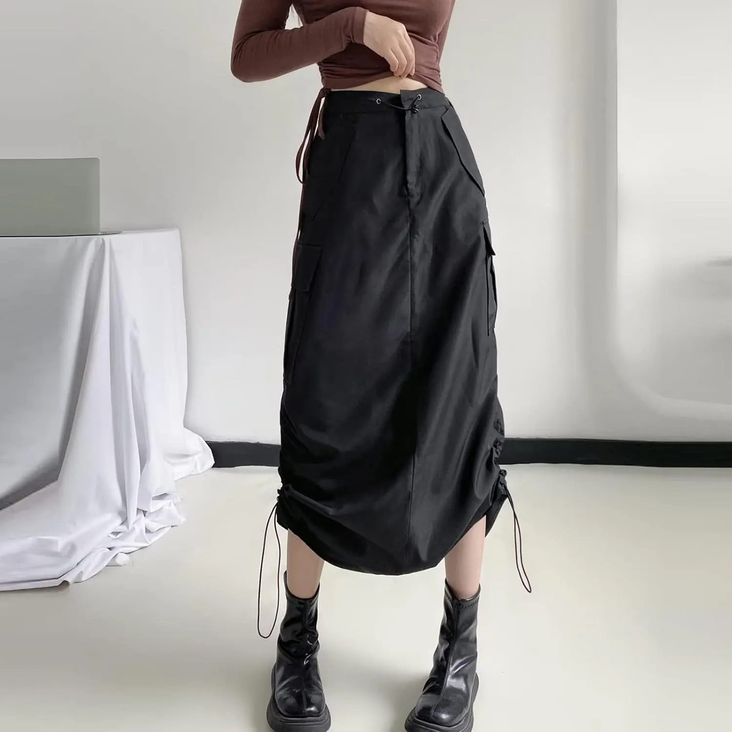Cargo Skirts for Women Long Cargo Skirts for Women Maxi Skirt Drawstring Ruched Streetwear with Pockets Black