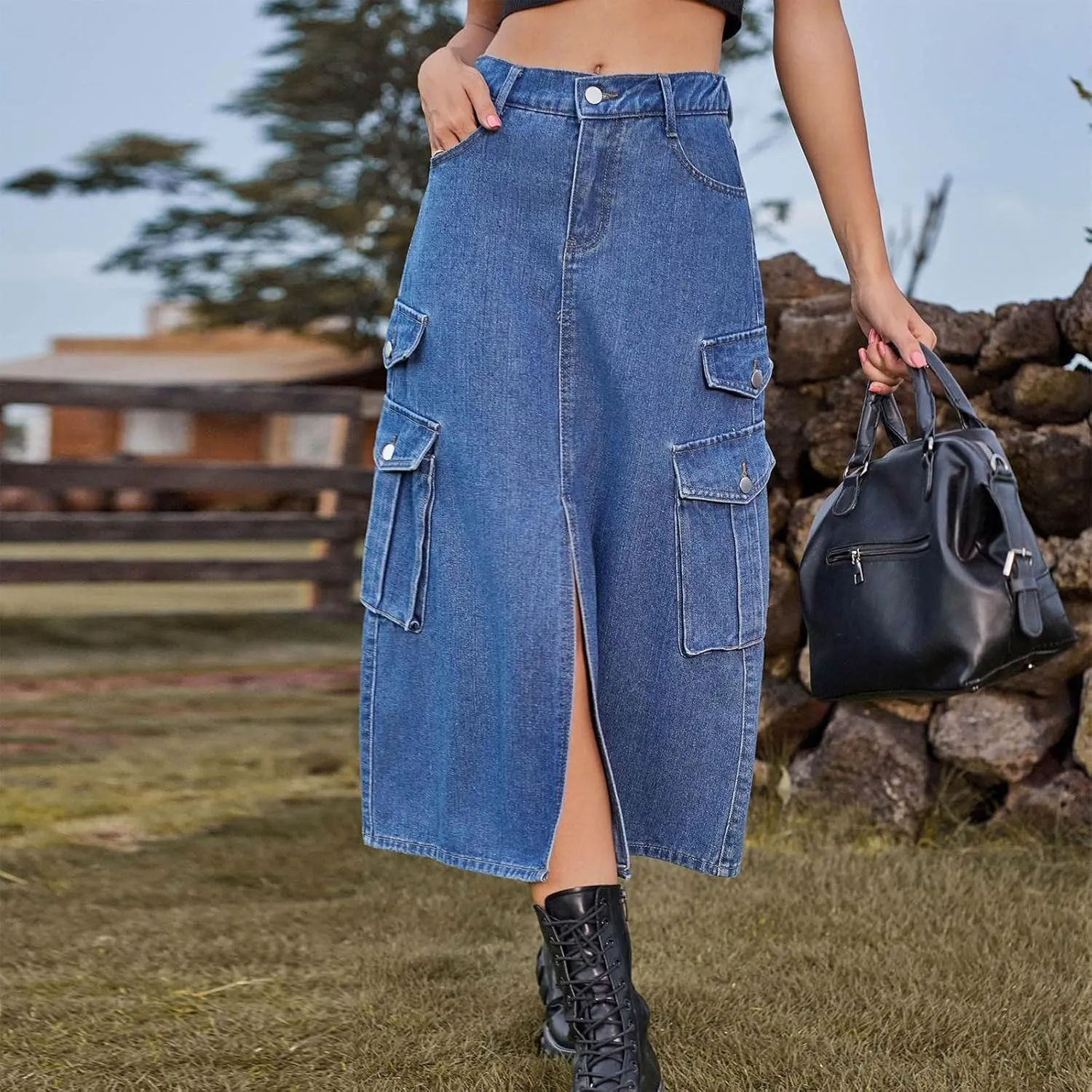 Casual Elastic Waist Midi Skirt for Women Solid Color Front Slit Skirt with Pockets Trendy Going Out Vacation Skirt