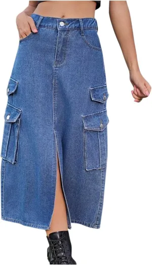 Casual Elastic Waist Midi Skirt for Women Solid Color Front Slit Skirt with Pockets Trendy Going Out Vacation Skirt