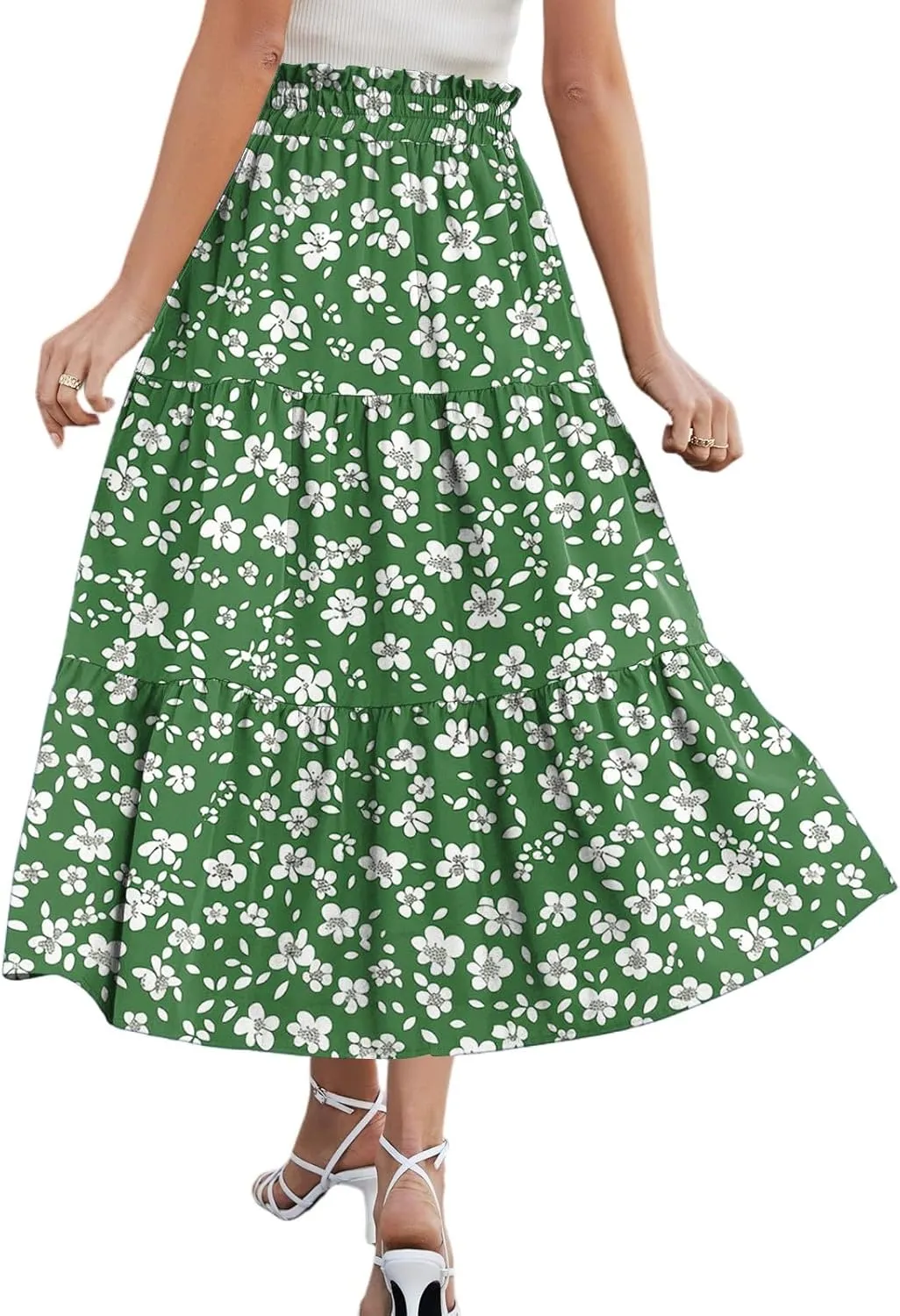 Casual Skirts for Women Summer High Waisted Wrap Midi Skirt Swing A-Line Floral Print Knee Length Skirt with Pockets