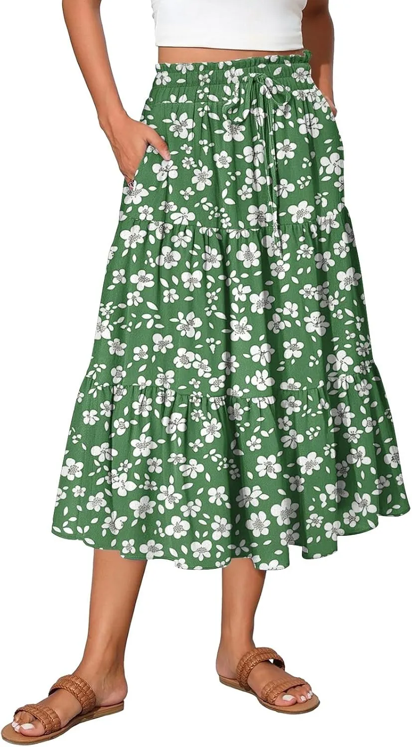 Casual Skirts for Women Summer High Waisted Wrap Midi Skirt Swing A-Line Floral Print Knee Length Skirt with Pockets