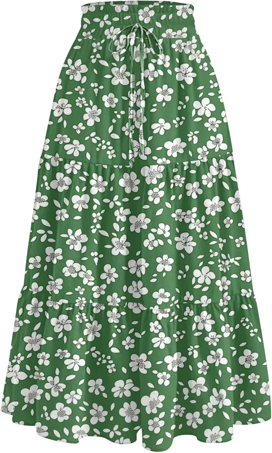 Casual Skirts for Women Summer High Waisted Wrap Midi Skirt Swing A-Line Floral Print Knee Length Skirt with Pockets