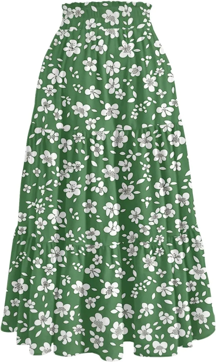 Casual Skirts for Women Summer High Waisted Wrap Midi Skirt Swing A-Line Floral Print Knee Length Skirt with Pockets