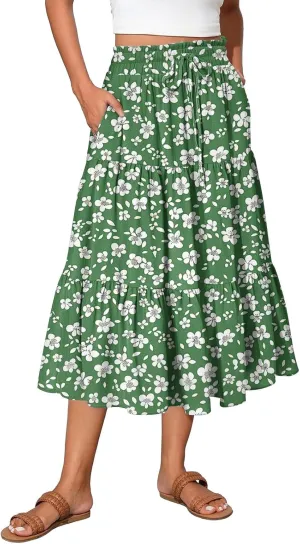Casual Skirts for Women Summer High Waisted Wrap Midi Skirt Swing A-Line Floral Print Knee Length Skirt with Pockets